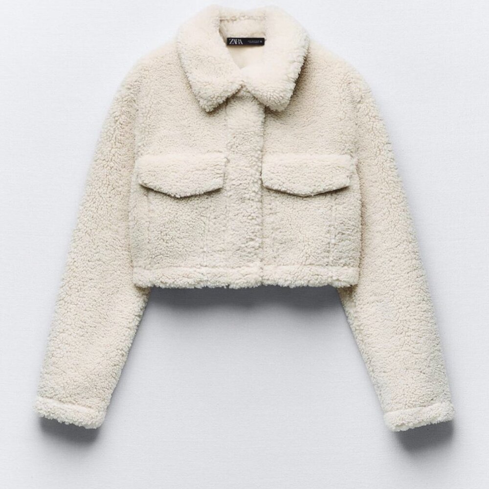 ZARA Women's Cropped Faux Shearing Jacket(Ecru, US XL /EUR XL) - Picture 5 of 11
